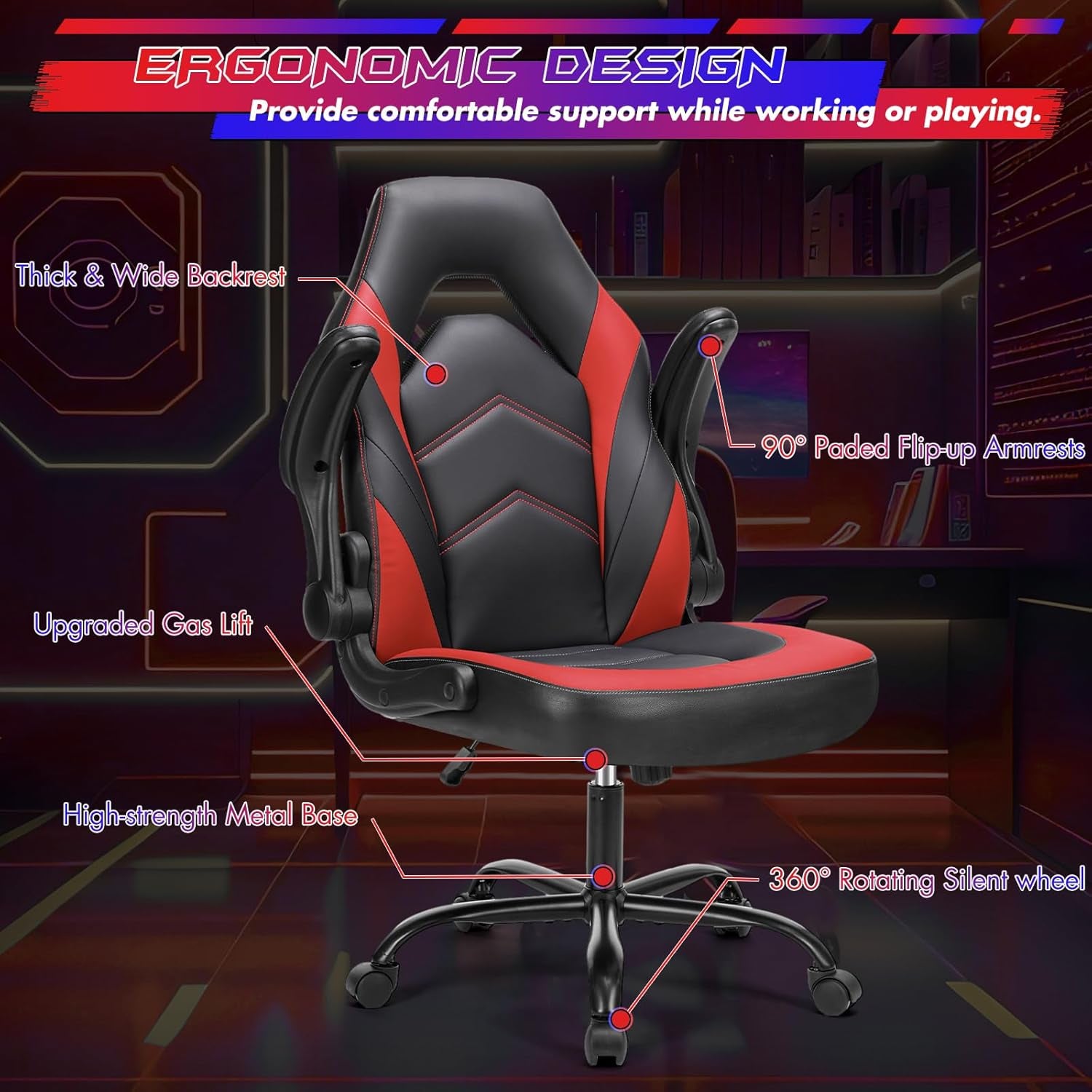 Computer Gaming Chair - PU Leather Ergonomic Lumbar Support with Flip-Up Armrest and 360° Swivel Wheels, Height Adjustable Task Home Office Desk Video Racing, Red