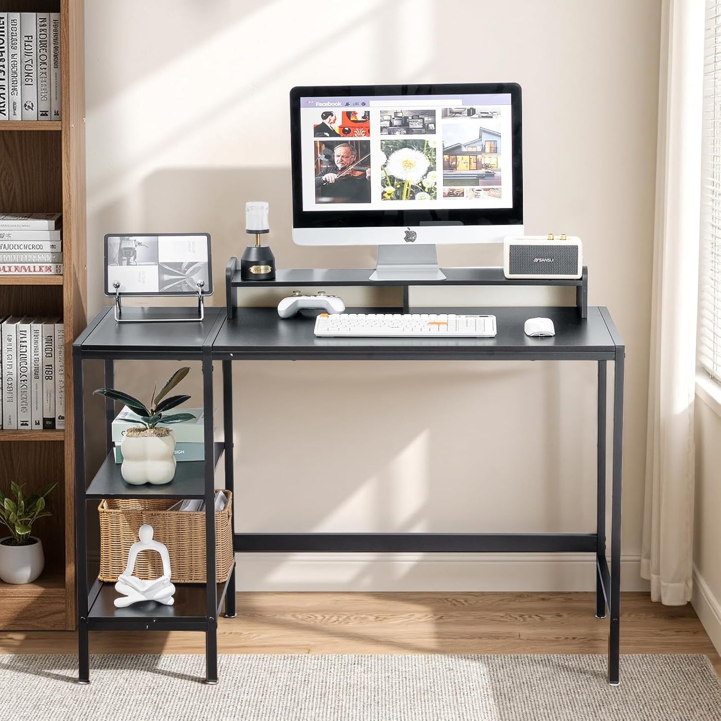 47-Inch Computer Desk with Storage Shelf - Your Ideal Black Gaming Desk for Bedrooms, Small Spaces, and Home Offices. This Modern Writing Desk Is Perfectly Suited for Pcs.
