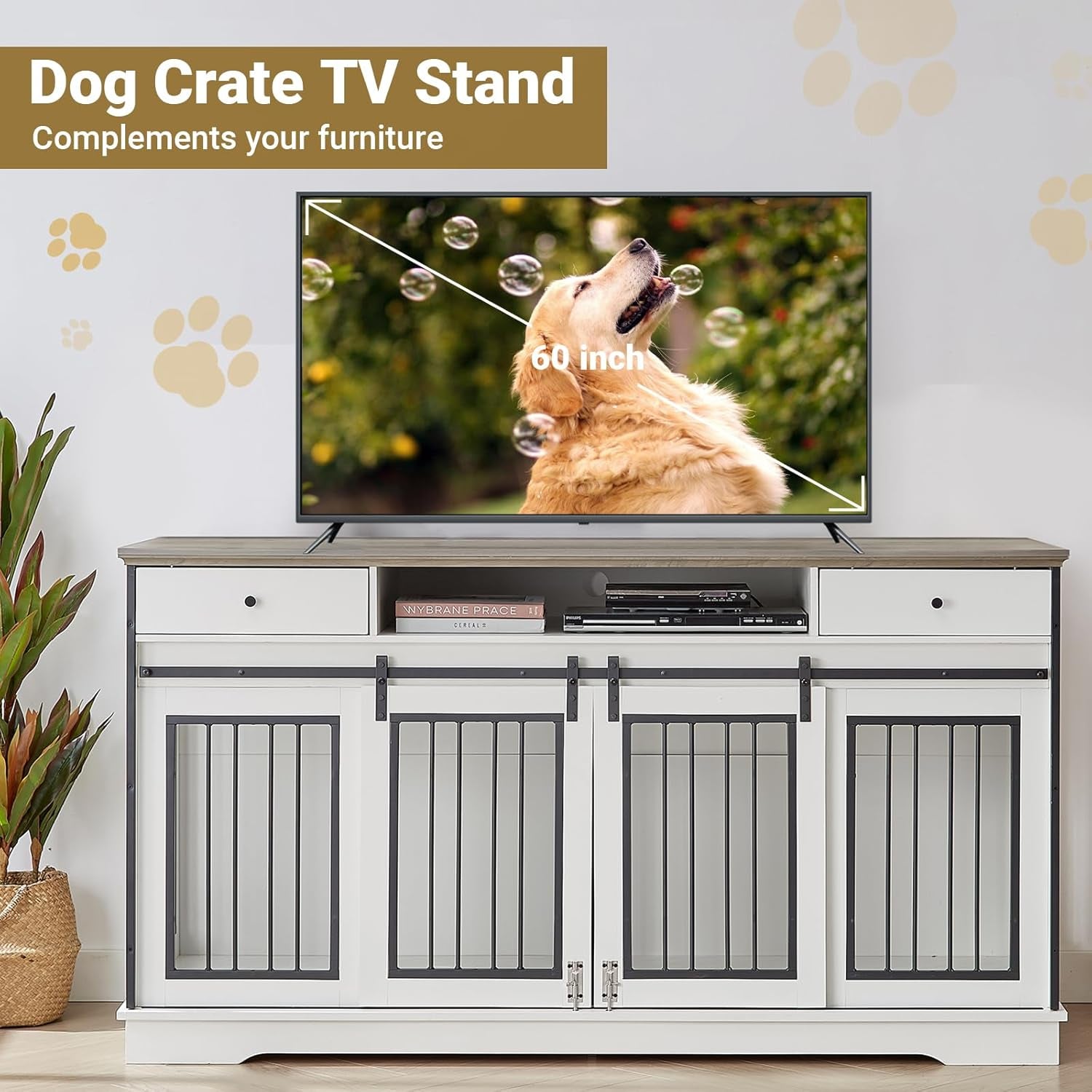 66" Double Dog Crate Furniture, Large Dog Kennel Furniture TV Stand for 2 Dogs, Furniture Style Dog Crates End Table, Wood Crates for Dogs Grey