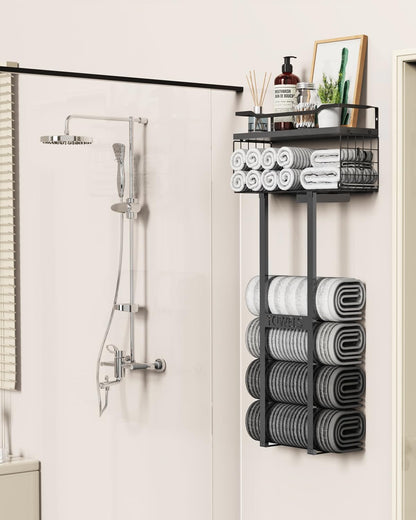 Towel Racks for Bathroom 31Inch Wall Mounted Towel Rack,Floating Shelf with Wood Plank,Towel Storage for Bathroom Can Holds 6 Large Rolled Towels,All Black
