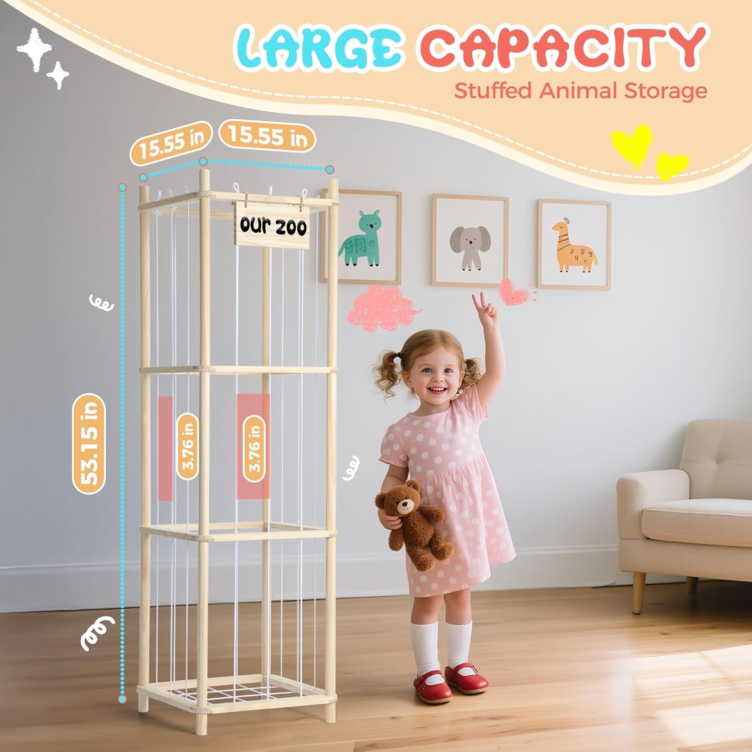 Stuffed Animal Storage, Wooden Zoo Stuffed Animal Holder with Elastic Cords, Space save Toy Organizer, Extra Large Capacit Stuffed Animal Organizer for Playroom, Bedroom, Nursery