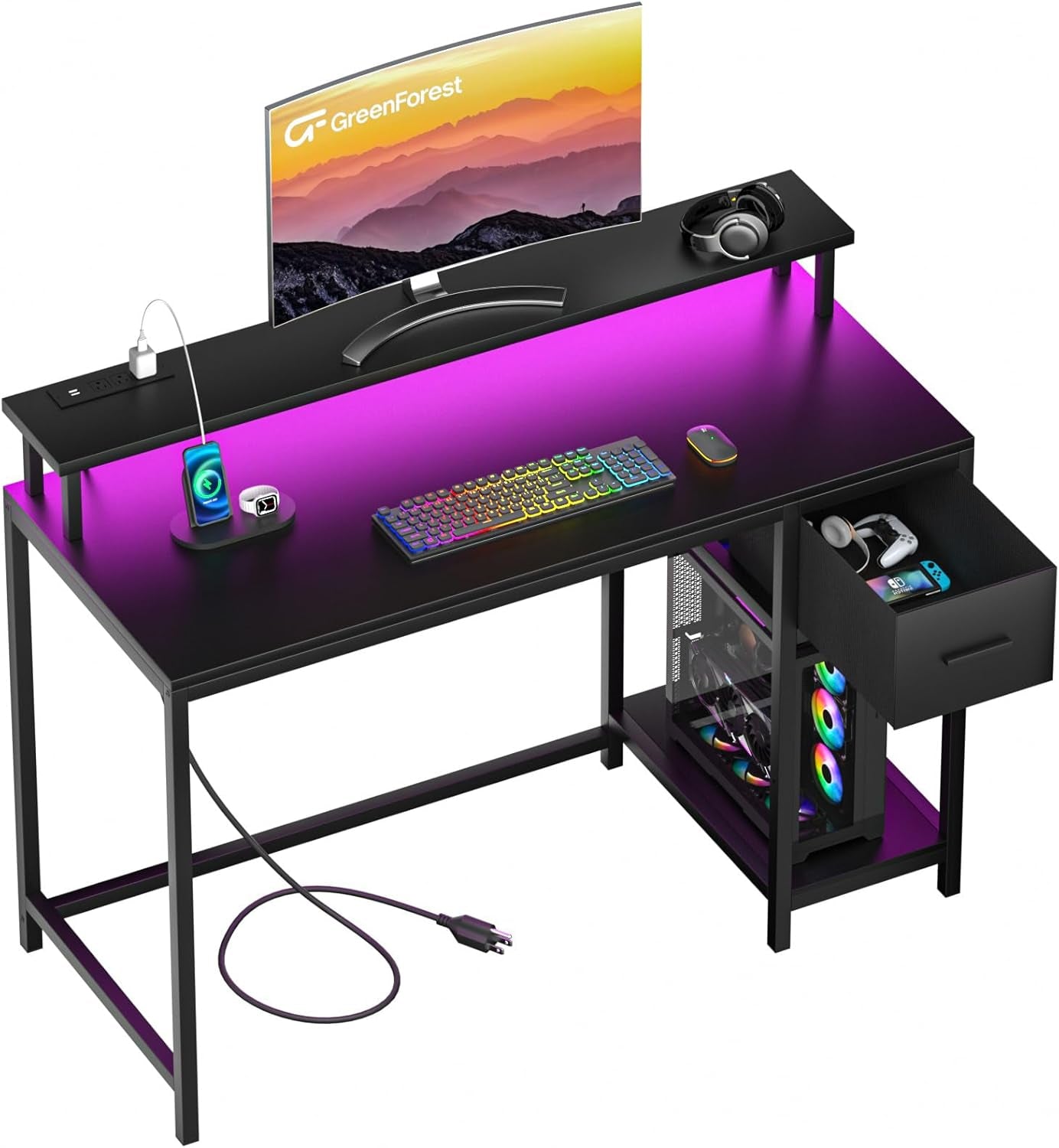 Gaming Desk 39 Inch with LED Lights and Monitor Stand, Computer Desk with Drawer for Small Spaces, Office Desk with Power Outlets and Shelf, Black
