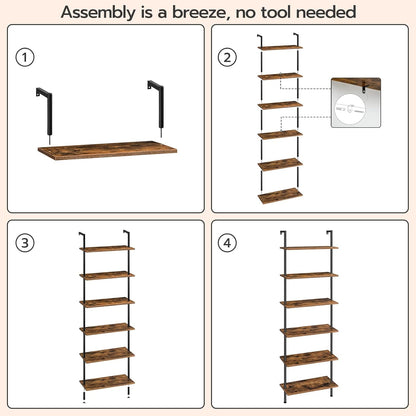 DIY Ladder Shelf, 6-Tier Wall Mounted Bookshelf, Office Vertical Bookcase, Wooden Storage Shelves for Home Office, Bedroom, Rustic Brown and Black BF65CJ01