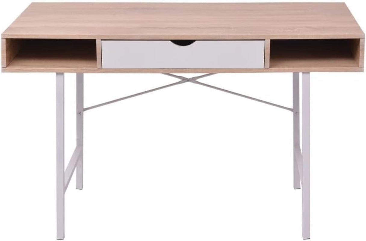 Modern Computer Desk, Oak and White MDF, Metal Frame, 47.2" Rectangular Study Table for Home Office, Dorm Room, Writing