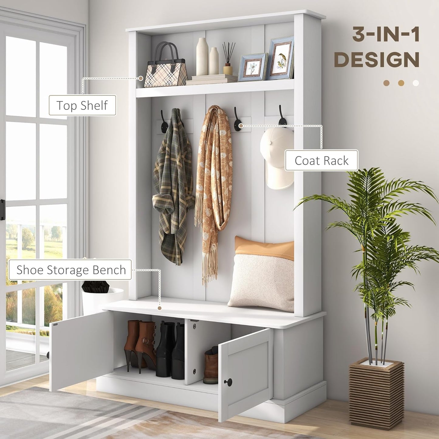 42" 3-In-1 Entryway Hall Tree with Storage Bench, Coat Rack with Six Hooks, Shoe Storage and Top Shelf, White