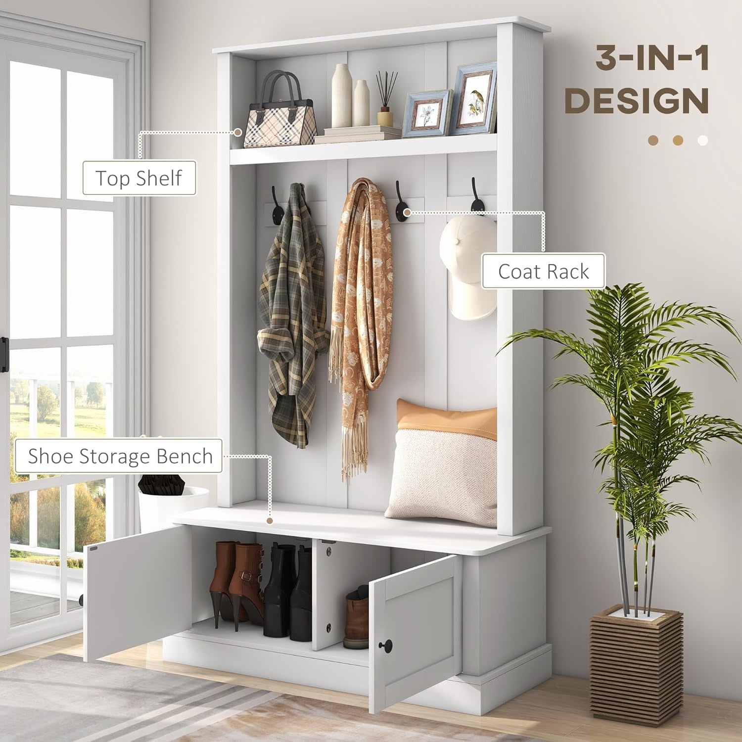 42" 3-In-1 Entryway Hall Tree with Storage Bench, Coat Rack with Six Hooks, Shoe Storage and Top Shelf, White