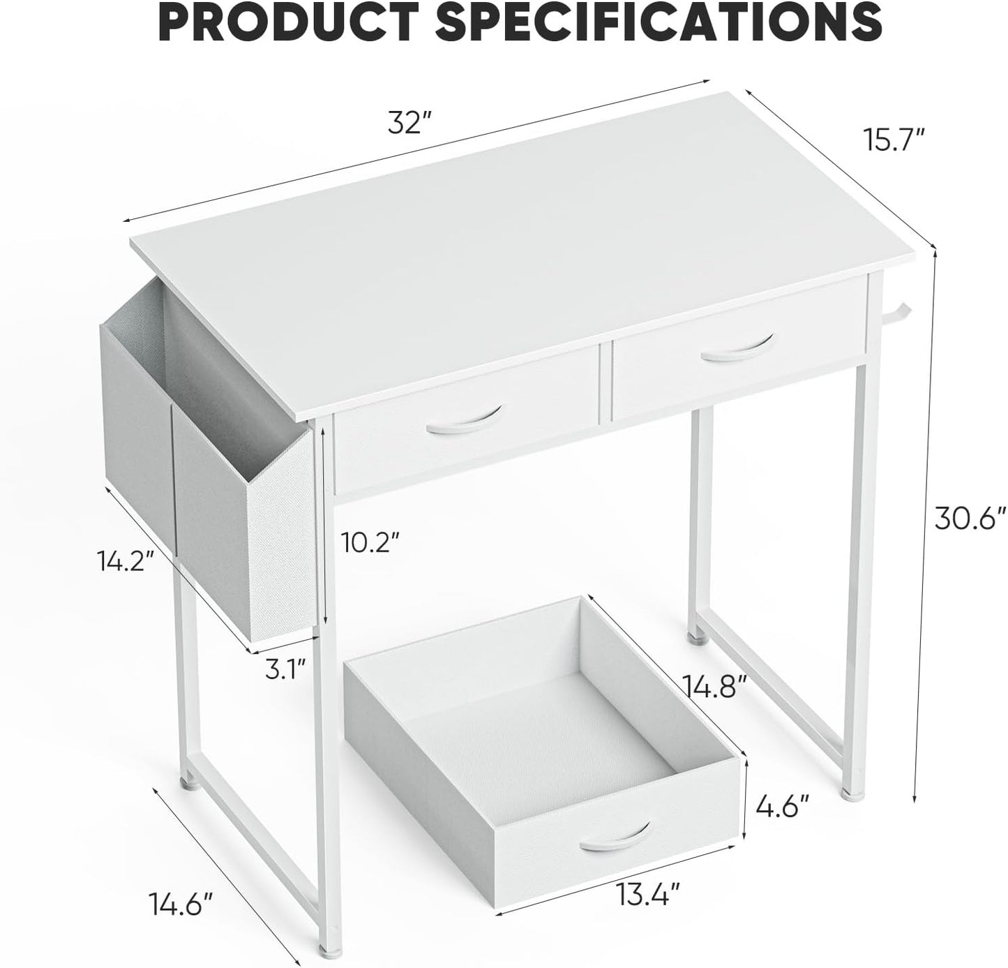 32" Home Office Computer Desk with Drawers, Small Gaming Writing Study Table with Storage Side Bag, Headphone Hook and Adjustable Feet for Bedroom White
