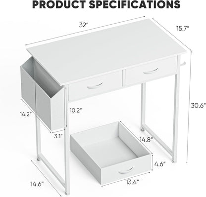 32" Home Office Computer Desk with Drawers, Small Gaming Writing Study Table with Storage Side Bag, Headphone Hook and Adjustable Feet for Bedroom White