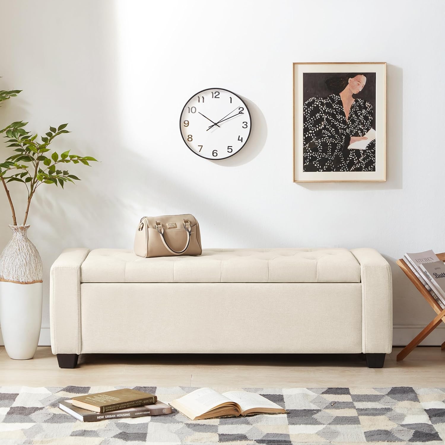 48" Ottoman with Storage, Storage Ottoman Bench with Safety Hinge, Upholstered Entryway Bench with Seating for Bedroom, Living Room, Holds up to 330 Lb, Beige