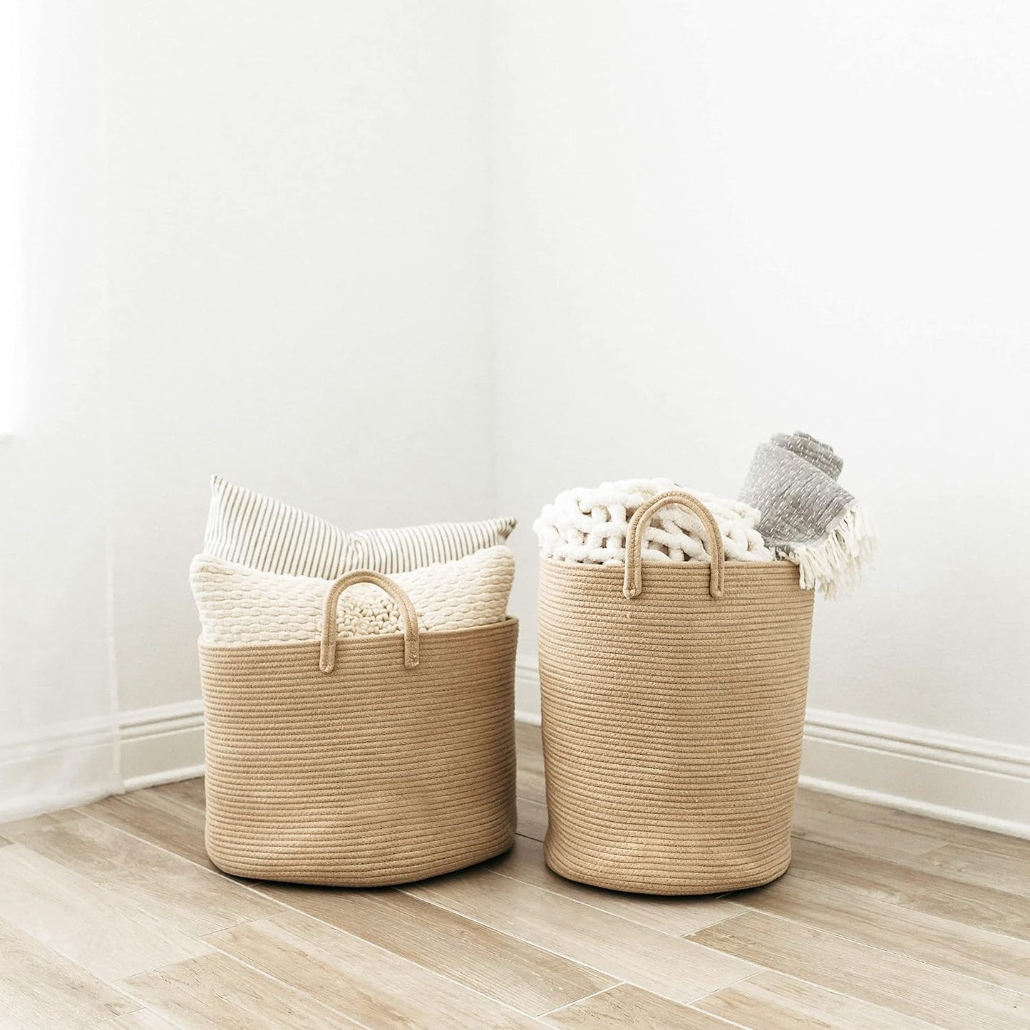 Large Woven Laundry Basket W/Handles 52L, Rope Dirty Clothes Hamper, Blanket Basket for Living Room, Baby Laundry Hamper for Nursery, Soft & Durable Decorative Organizer Bin - Honey