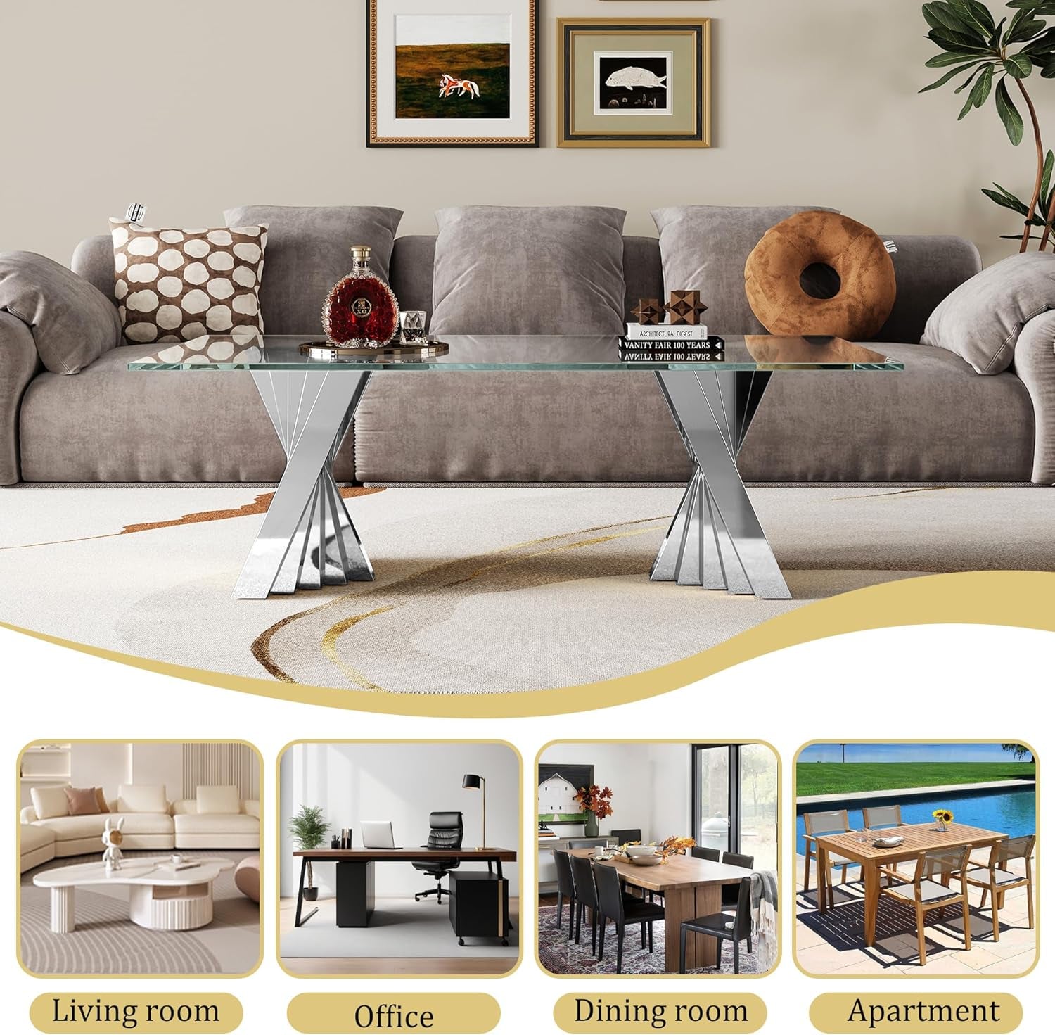 Silver 3 Piece Living Room Table Set with 1 Glass Coffee Table & 2 End Table, 3 Piece Coffee Table Set with Tempered Glass Tabletop and Stainless Steel Pedestal, Easy to Assemble