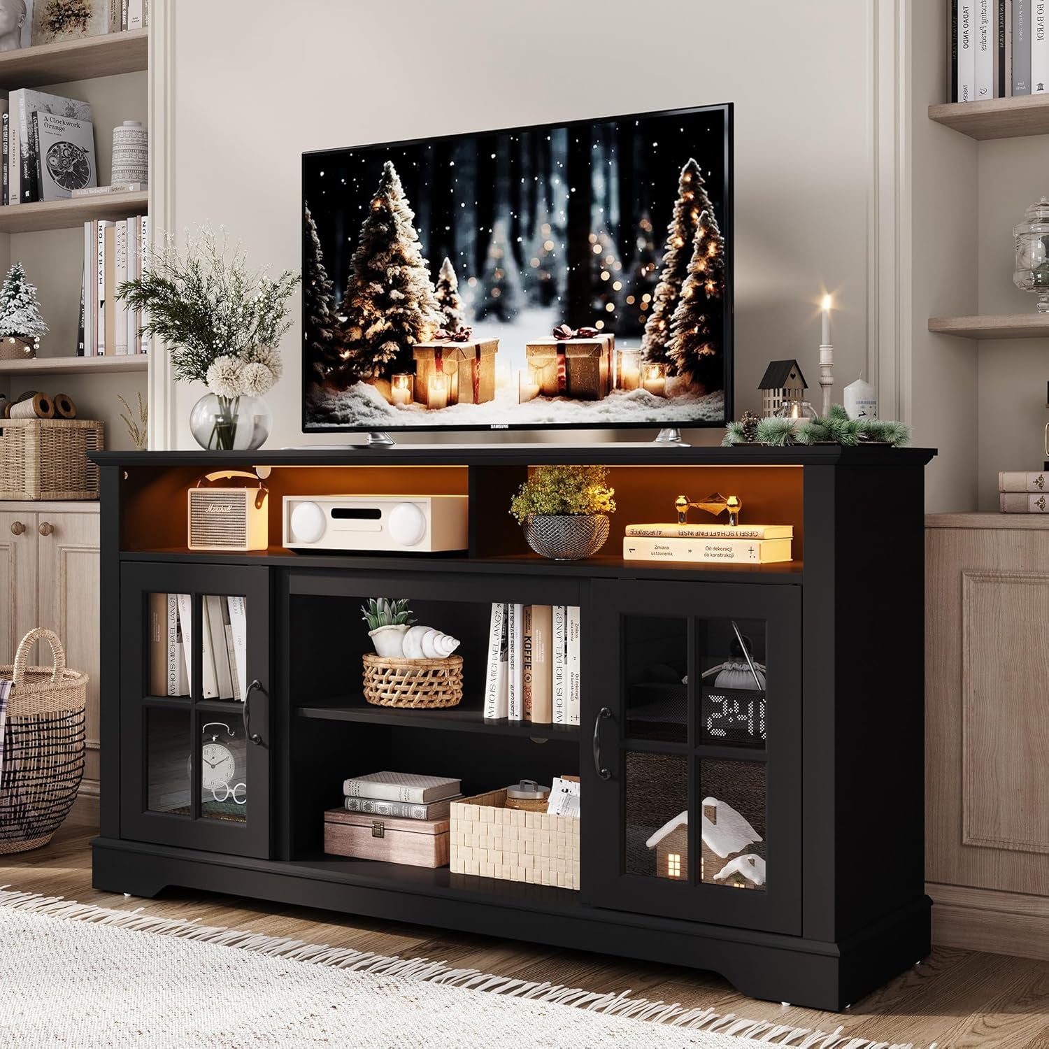 TV Stand for 65 Inch TV, 32" Tall Entertainment Center with LED Lights and Glass Door Storage Cabinet, Modern Farmhouse TV Media Console Table for Living Room, Black