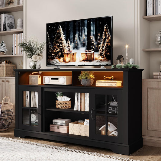TV Stand for 65 Inch TV, 32" Tall Entertainment Center with LED Lights and Glass Door Storage Cabinet, Modern Farmhouse TV Media Console Table for Living Room, Black