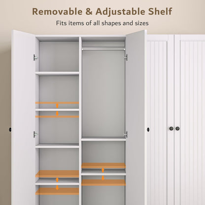 4 Doors Armoire Wardrobe Closet with 2 Drawers, 63" Large Wardrobe Cabinet with Removable Hanging Rods and Adjustable Shelves, Closet Storage Cabinet for Bedroom, Cloak Room, White