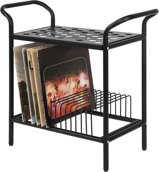 Modern Matte Black Metal Record Player Holder Stand with Vinyl Storage Organizer, Premium Quality 2 Tier Turntable Display Table Rack
