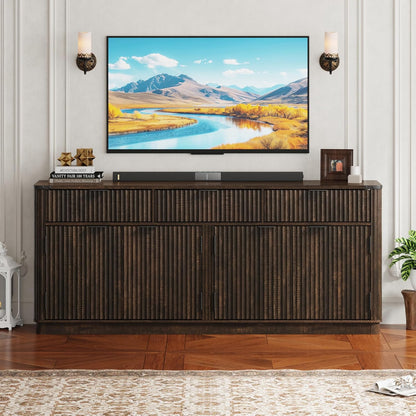 70” Large Curved Buffet Cabinet with 3 Storage Drawers,Kitchen Fluted Sideboard Cabinet W 4 Door Shelves,W Load-Bearing Steel Pipe,Wood Farmhouse Coffee Bar Cabinets,Kitchen Pantry(Rustic Brown)