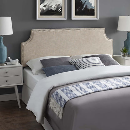 Laura Linen Fabric Upholstered Queen Size Headboard with Nailhead Trim in Beige