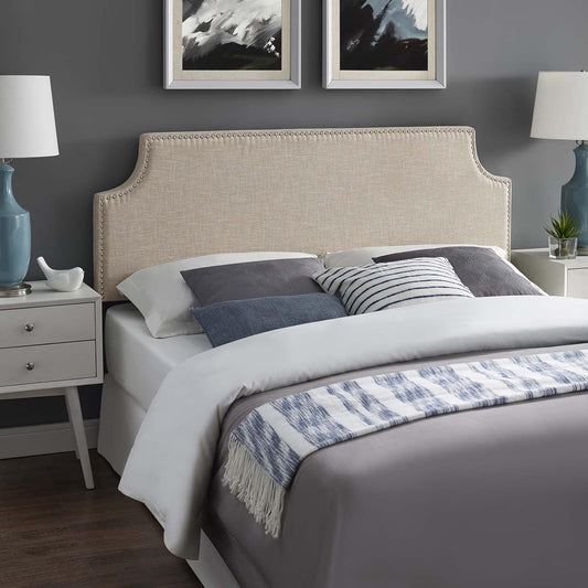 Laura Linen Fabric Upholstered Queen Size Headboard with Nailhead Trim in Beige