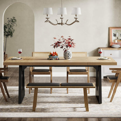 Large Dining Table for 6-8 People, 70.9-Inch Wood Rustic Rectangular Table with Black Wooden Legs, Farmhouse Center Kitchen Table for Dining Room, Living Room, Home Furniture, Oak and Black