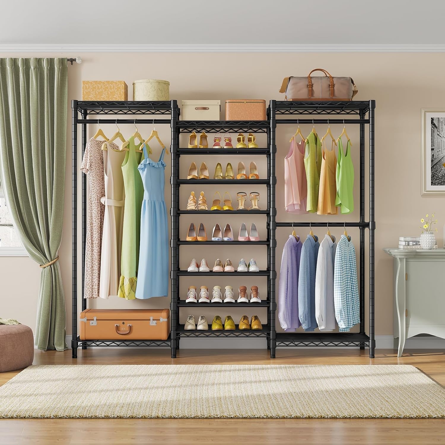 S3C Heavy Duty Portable Closet, Adjustable Shoe Rack Wire Shelf, Large Wardrobe Organizer for Bedroom Storage, Freestanding Clothes Rack with Hanging Rod, Custom White Rack with Grey Cover