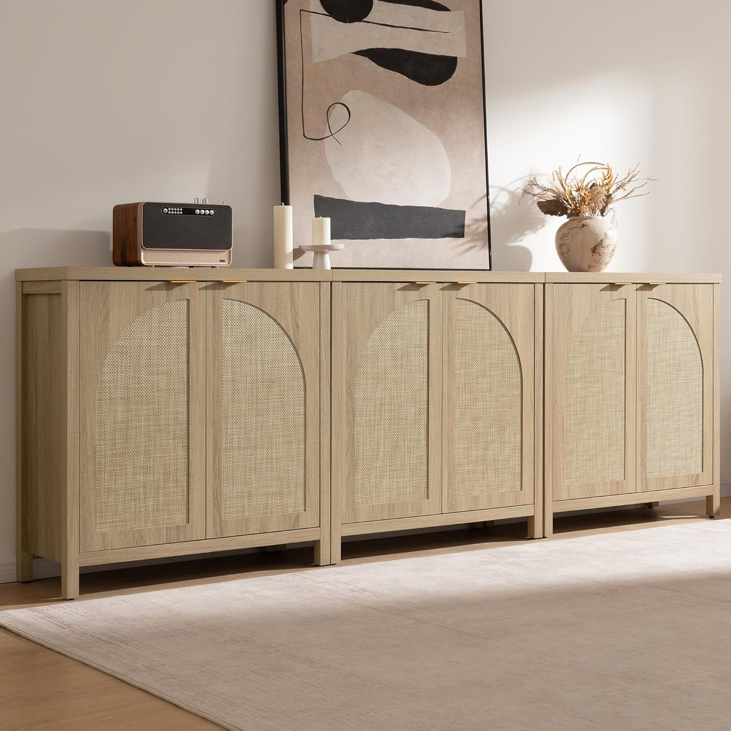68" W Rattan Sideboard Buffet Cabinet with Storage Set of 2, Mid Century Modern Credenza with Arch Doors & Shelves Boho Coffee Bar Media Console Cabinets for Kitchen, Living Room, Entryway