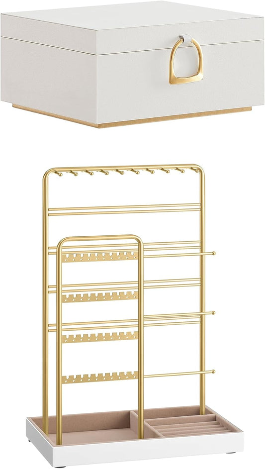 2-Layer Jewelry Box Bundle with Jewelry Holder, Jewelry Organizer with Handle, Floating Effect, Jewelry Display Stand with Metal Frame, White and Pale Gold UJBC165W01 and UJJS028A01
