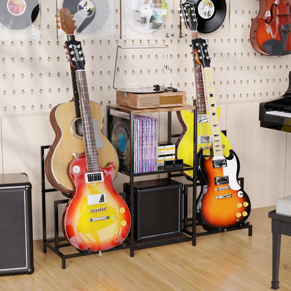 Guitar Rack Multi Guitar Stand for Multiple Guitars, Multiple Guitar Rack Holder with 3 Tier Shelf for Acoustic, Electric Guitar, Bass, Record Player, Guitar Display Stand for Home Music Studio