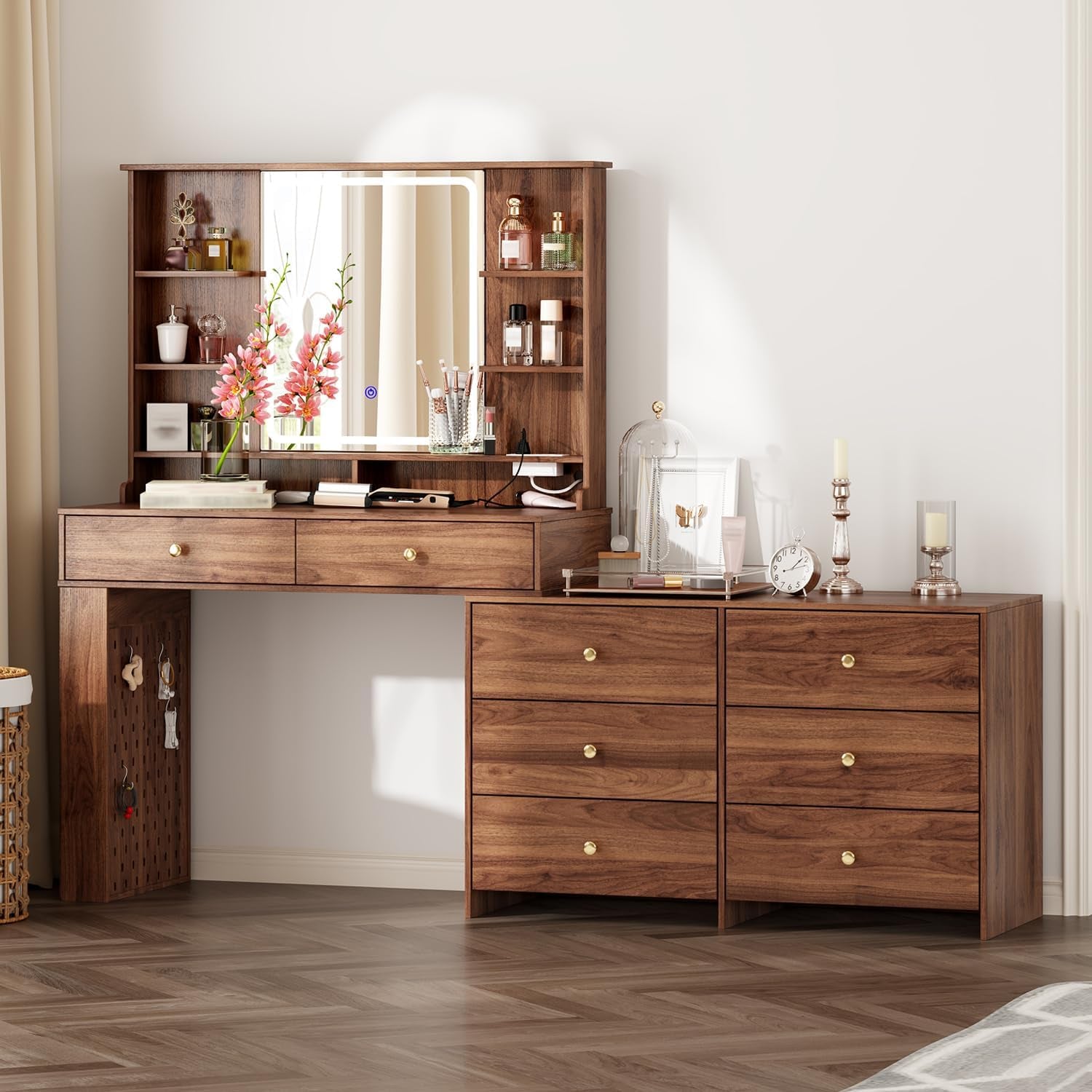 Makeup Vanity Desk with Mirror and Lights, Vanity Desk with 8 Drawers & Storage Shelves, Vanity Table with Power Outlet, 3 Color Modes & Adjustable Brightness Dressing Table, Bedroom,Brown