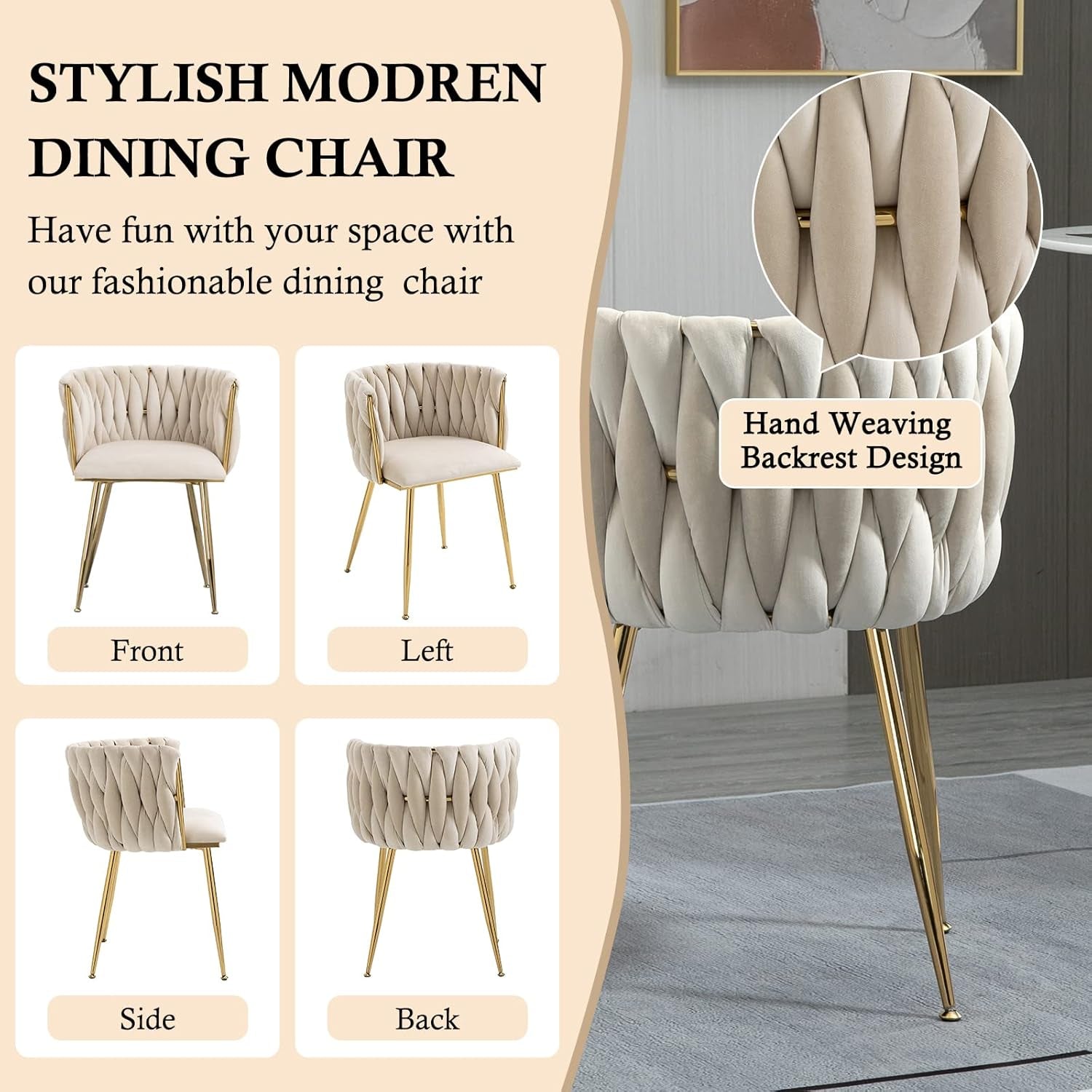 Modern Velvet Dining Chairs Hand Weaving Accent Chairs Living Room Chairs Upholstered Side Chair with Golden Metal Legs for Dining Room Kitchen Vanity Living Room (Ivory)