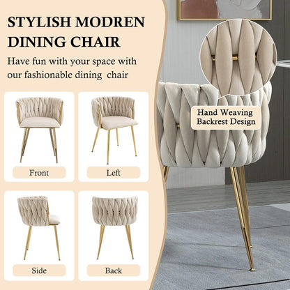 Modern Velvet Dining Chairs Hand Weaving Accent Chairs Living Room Chairs Upholstered Side Chair with Golden Metal Legs for Dining Room Kitchen Vanity Living Room (Ivory)
