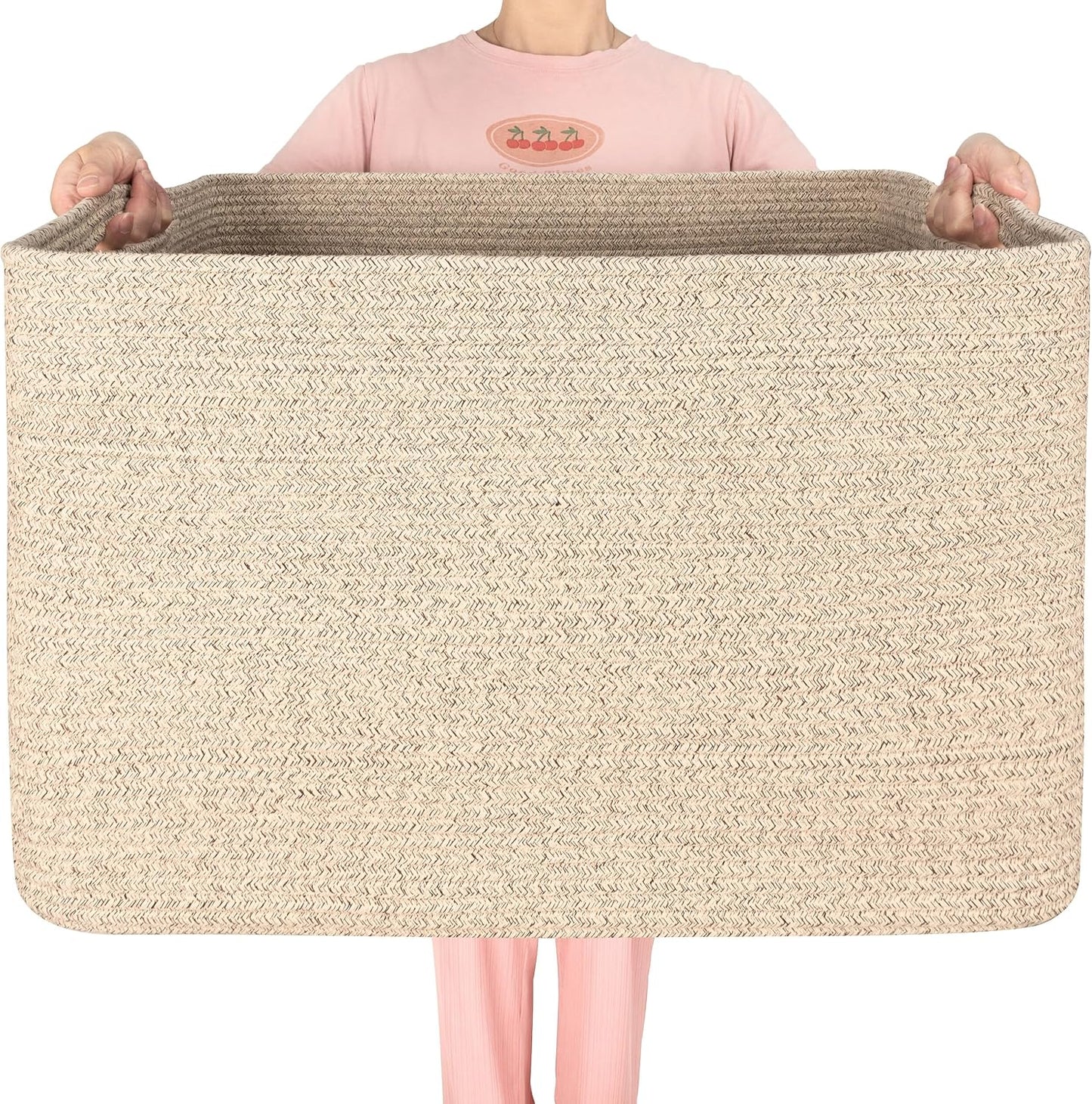 112L Extra Large Blanket Basket Holder Living Room, 25"X17"X16" Rectangle Rope Woven Storage Basket with Handles for Laundry, Towels, Shoes, Dog Toy Organizer Bin Box, Oatmeal Brown