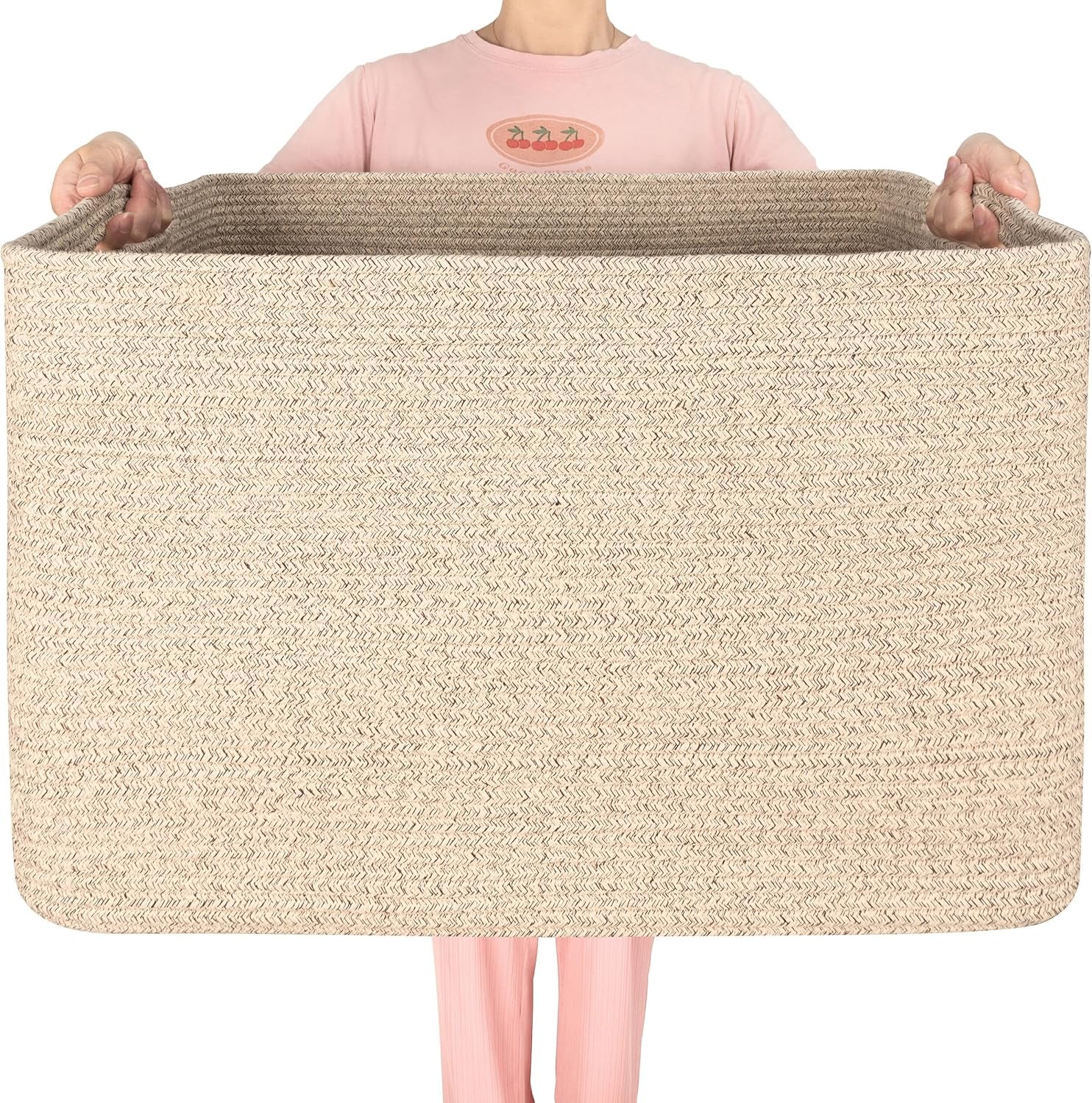 112L Extra Large Blanket Basket Holder Living Room, 25"X17"X16" Rectangle Rope Woven Storage Basket with Handles for Laundry, Towels, Shoes, Dog Toy Organizer Bin Box, Oatmeal Brown