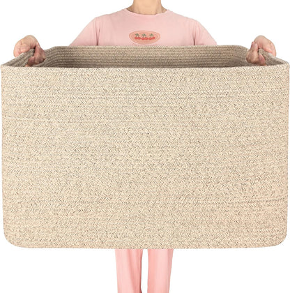 112L Extra Large Blanket Basket Holder Living Room, 25"X17"X16" Rectangle Rope Woven Storage Basket with Handles for Laundry, Towels, Shoes, Dog Toy Organizer Bin Box, Oatmeal Brown