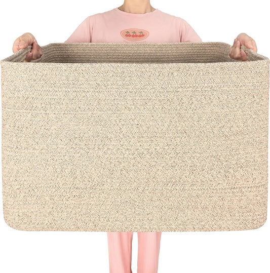 112L Extra Large Blanket Basket Holder Living Room, 25"X17"X16" Rectangle Rope Woven Storage Basket with Handles for Laundry, Towels, Shoes, Dog Toy Organizer Bin Box, Oatmeal Brown