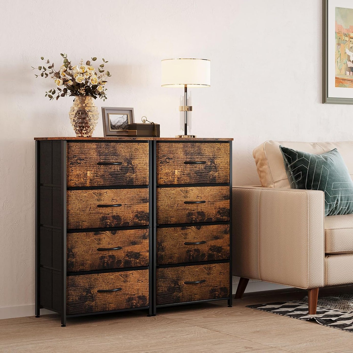 Dresser for Bedroom with 4 Storage Drawers, Small Dresser Chest of Fabric Drawers with Sturdy Steel Frame, Wood Top, Vintage