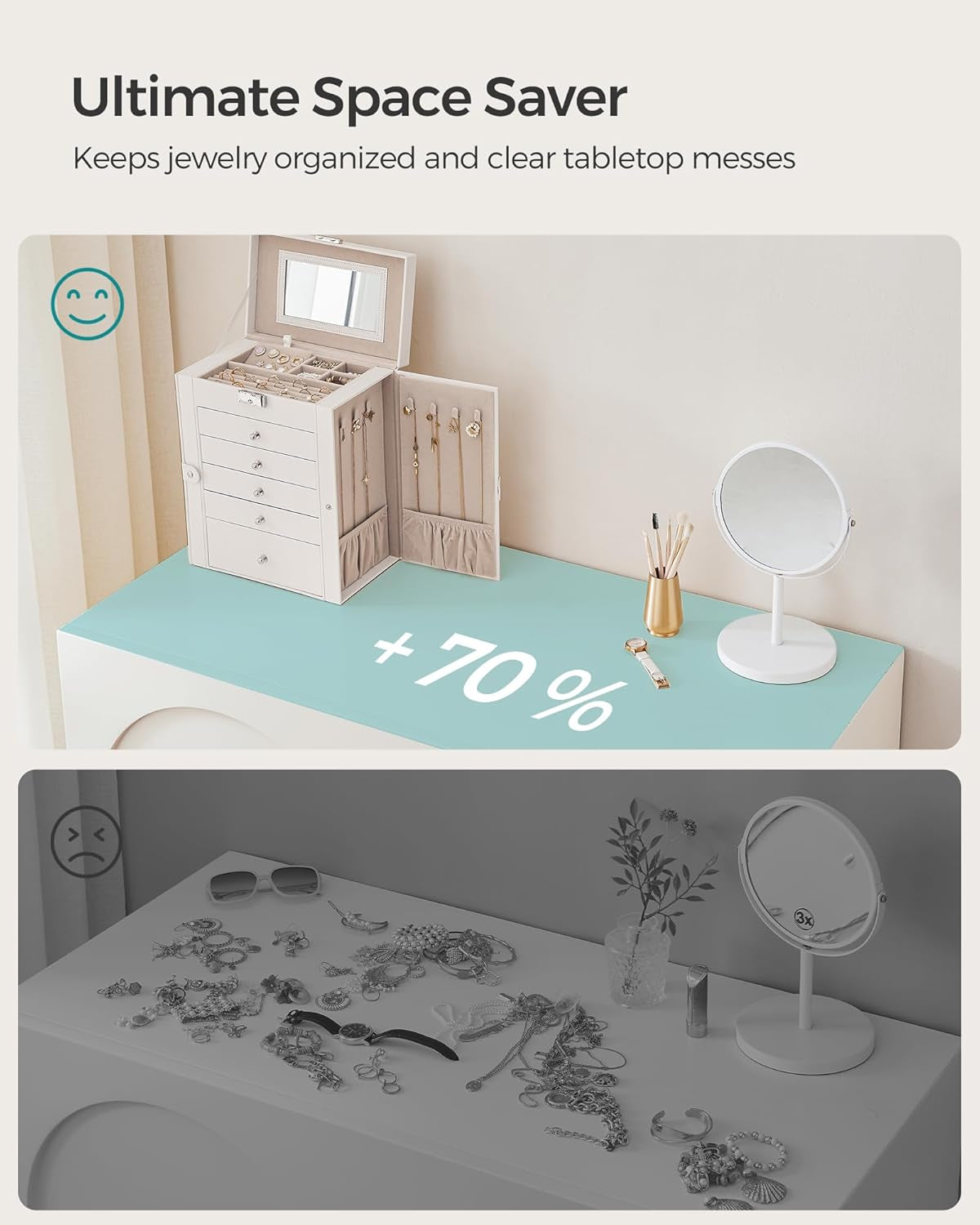 6 Tier Jewelry Box, Jewelry Storage Organizer with 5 Drawers, Large Storage Capacity, with Mirror, Lockable, Jewelry Case, Gift for Loved Ones, for Watches, White UJBC152W01