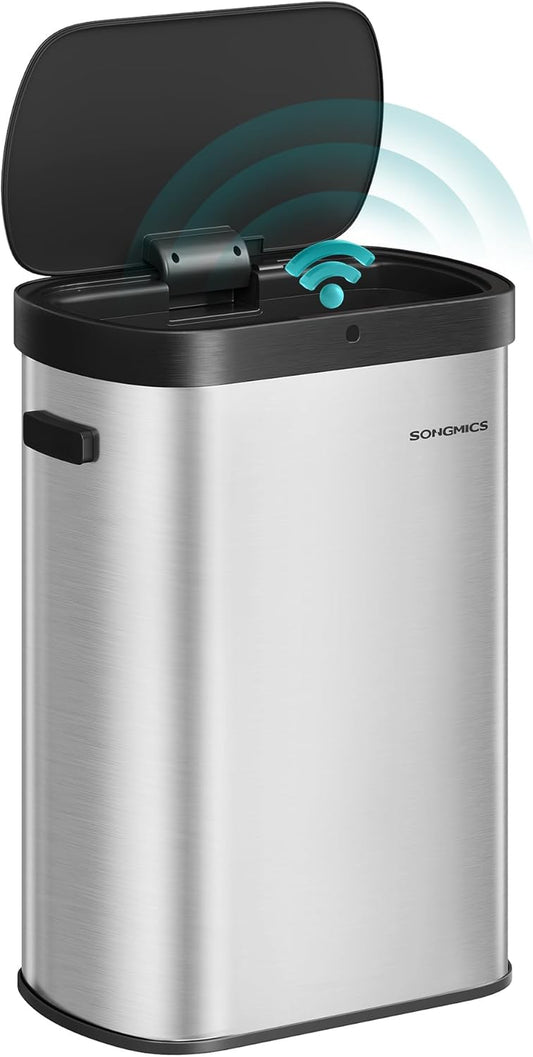 Motion Sensor Trash Can, 13-Gallon (50 L) Automatic Garbage Can with Soft Close Lid, Stainless Steel, Wave or Touch to Open, Includes 15 Bags, Metallic Silver and Ink Black ULTB640E01