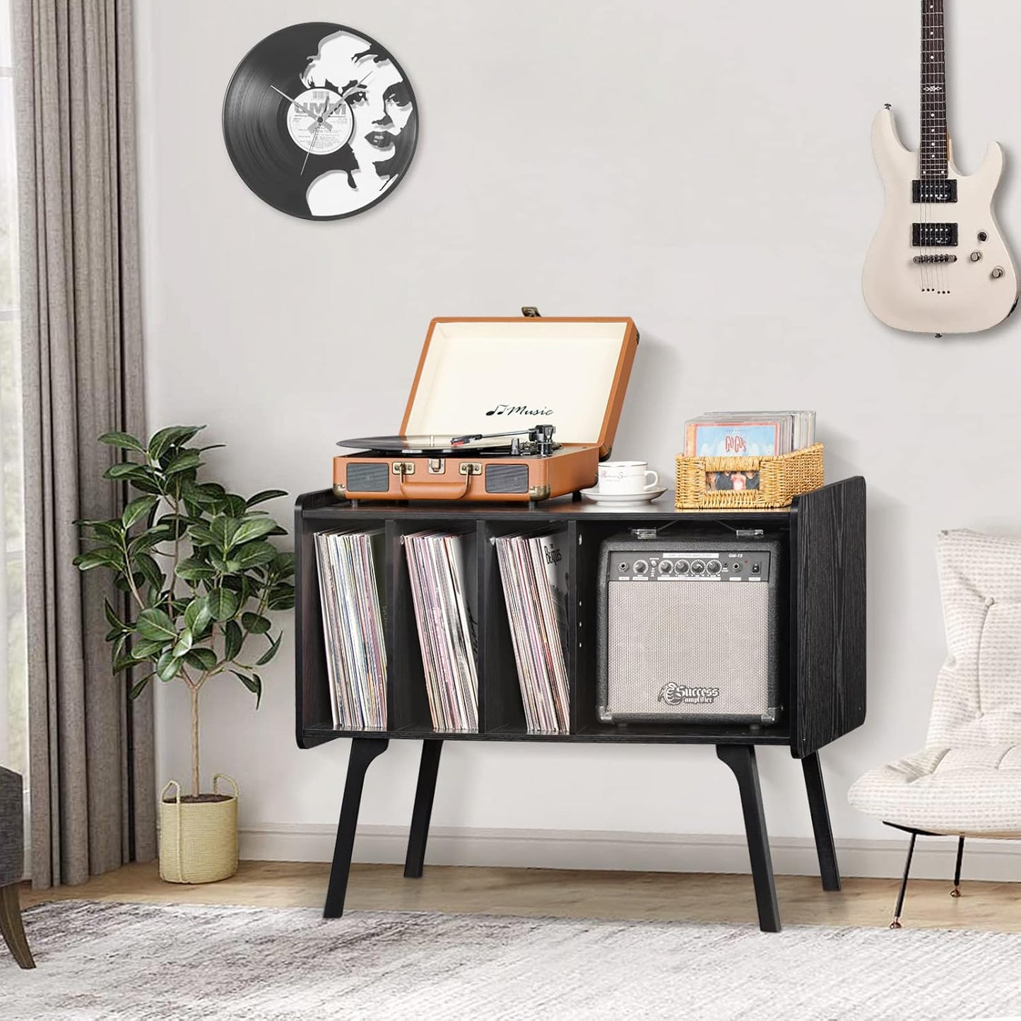 Record Player Stand with 4 Cabinet Holds up to 220 Albums, Large Black Turntable Stand with Beech Wood Legs, Mid-Century Record Player Table, Vinyl Holder Storage Shelf for Bedroom Living Room