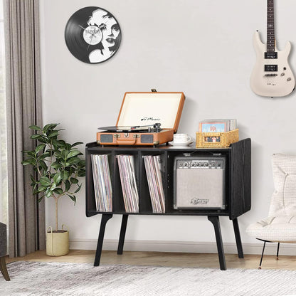 Record Player Stand with 4 Cabinet Holds up to 220 Albums, Large Black Turntable Stand with Beech Wood Legs, Mid-Century Record Player Table, Vinyl Holder Storage Shelf for Bedroom Living Room