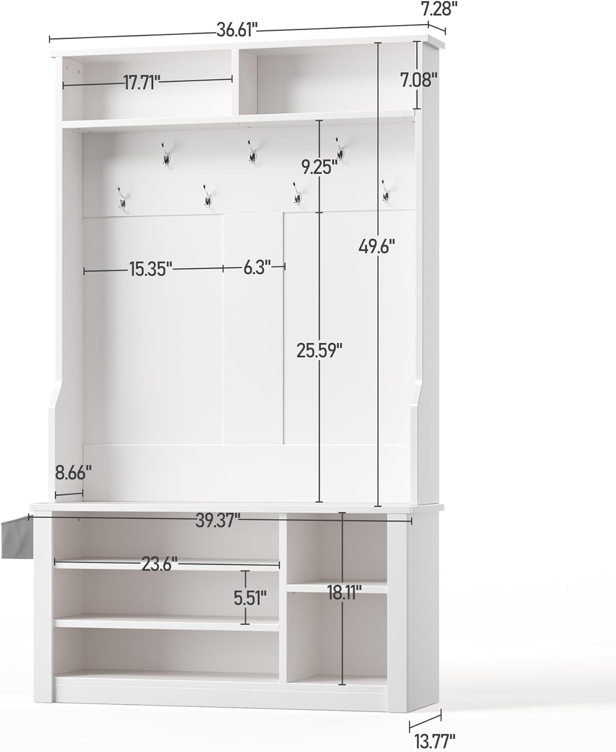 Hall Tree with Bench and Shoe Storage, 3-In-1 Entryway Hall Tree, with Adjustable Shoe Storage, for Entryway, Hallway, White