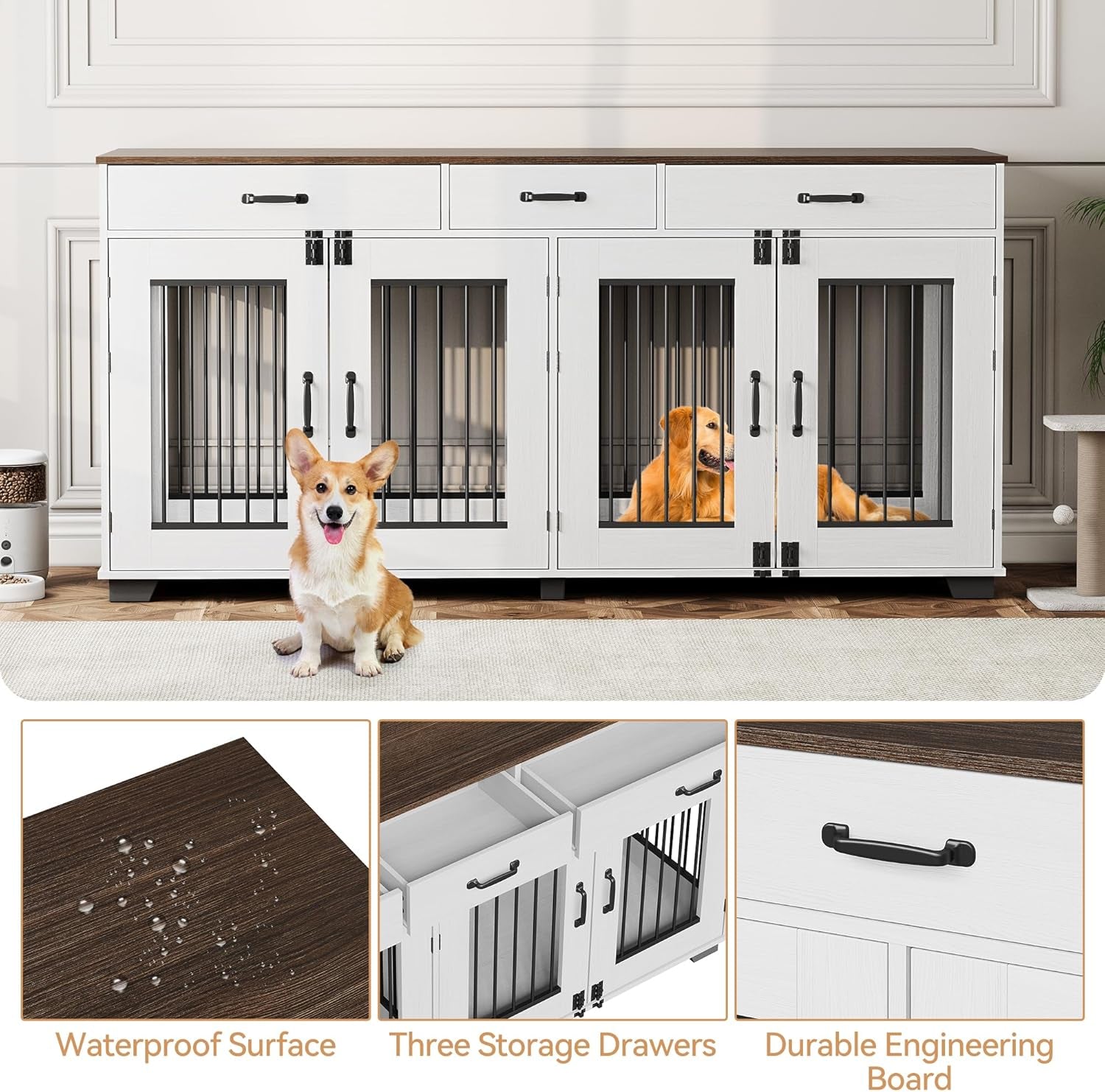 71'' Dog Crate Furniture, Wooden Indoor Dog Kennel for 2 Dogs with 3 Drawers and Removable Room Divider, XXL Double Dog Crate TV Stand End Table with Double Doors for Large Medium Dogs, Grey