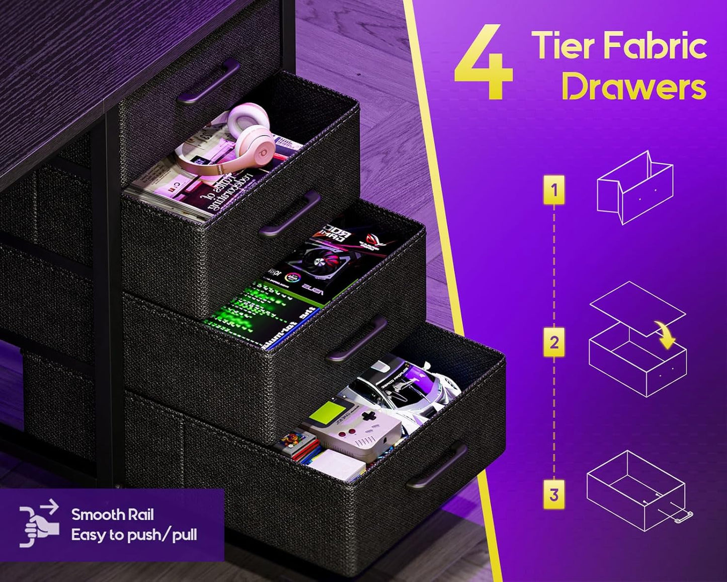 59 Inch L Shaped Desk with 4 Drawers, Gaming Desk with Led Lights & Power Outlets, Computer Desk with Pegboard & Keyboard Tray, Reverisble Home Office Desk with Storage Shelves & CPU Stand, Black