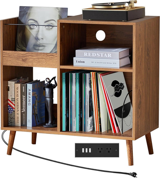 Mid-Century Vinyl Storage Cabinet Table with Solid Wood Legs, Turntable Stand with Power Outlet Holds up to 200 Albums, Record Player Holder Display Shelf, End Table for Bedroom Living Room