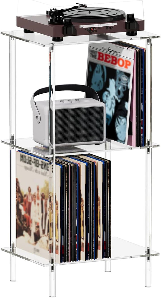 Acrylic Record Player Stand, Turntable Stand with Vinyl Record Storage, Tall Side Table/End Table for Living Room, Bedroom, 3-Tier, Modern, 15.7" L X 11.8" W X 30.8" H, Clear