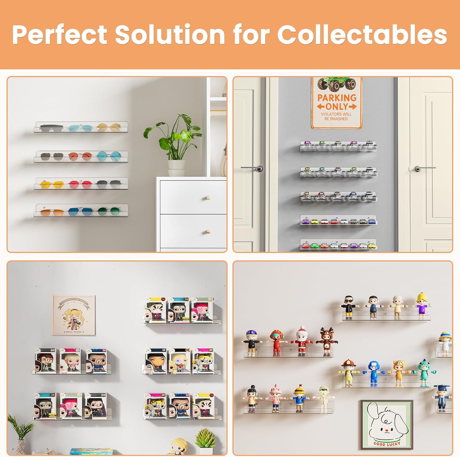 Acrylic Shelves for Bathroom Storage, 15" Floating Shelves Wall Organizer for Perfume, Make Up, Skincare, Kids Bookshelf for Bedroom, Nursery, Living Room Decor, Clear, 4 Pack