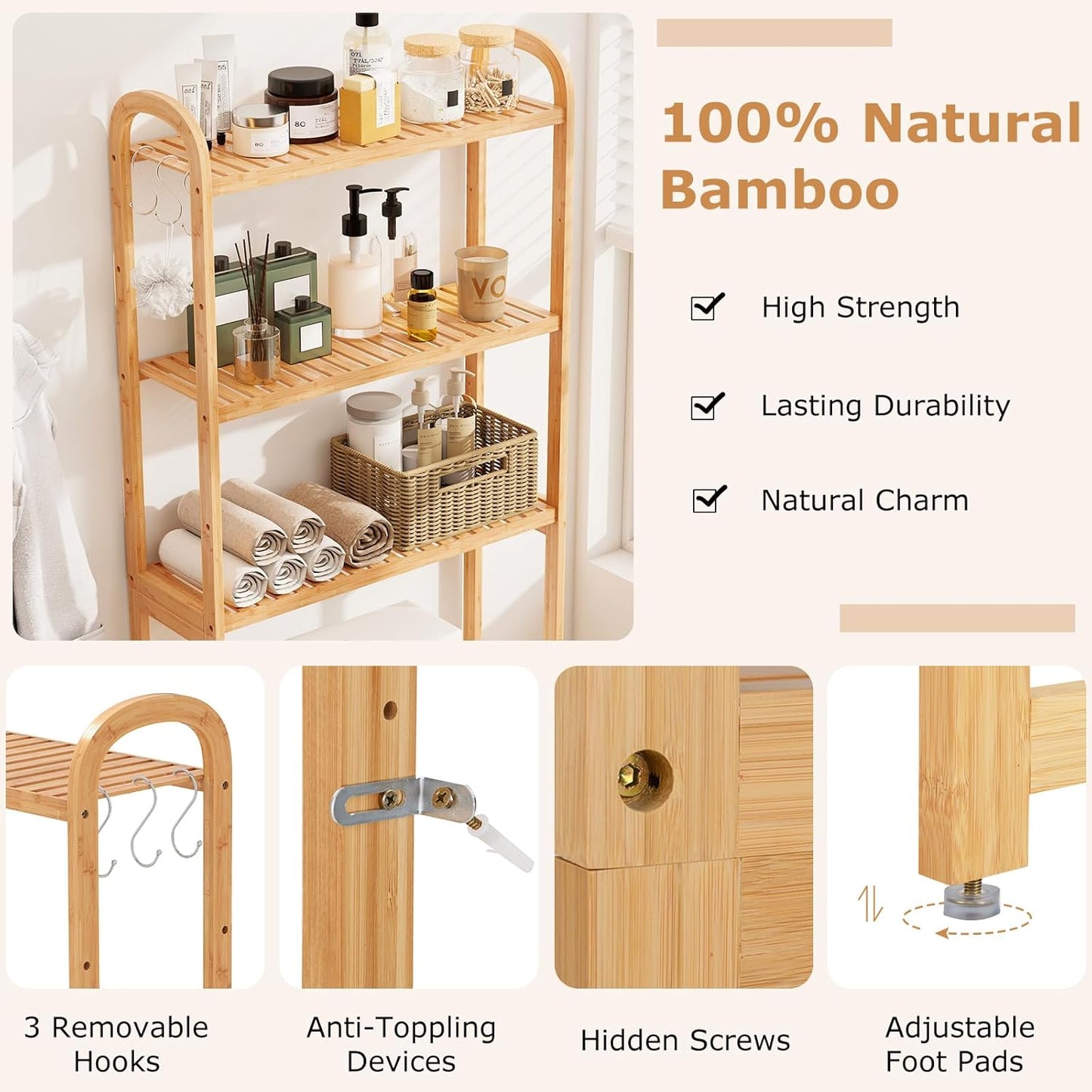 over the Toilet Storage Cabinet, 3-Tier Bamboo Bathroom Shelves over Toilet W/3 Hooks, Adjustable Shelves & Waterproof Feet Pad, over Toilet Bathroom Organizer for Laundry, Balcony, Restroom