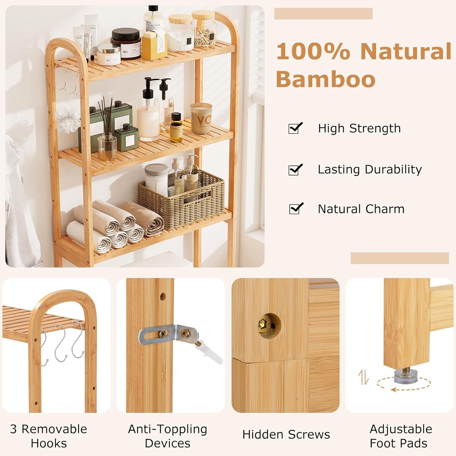 over the Toilet Storage Cabinet, 3-Tier Bamboo Bathroom Shelves over Toilet W/3 Hooks, Adjustable Shelves & Waterproof Feet Pad, over Toilet Bathroom Organizer for Laundry, Balcony, Restroom