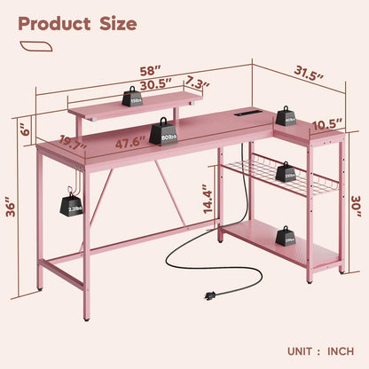 L Shaped Gaming Desk with Power Outlets,58 LED Small Corner Desk with Reversible Storage Shelves,Pink Computer Desk with Headset Hooks Desk for Living Room and Dormitory