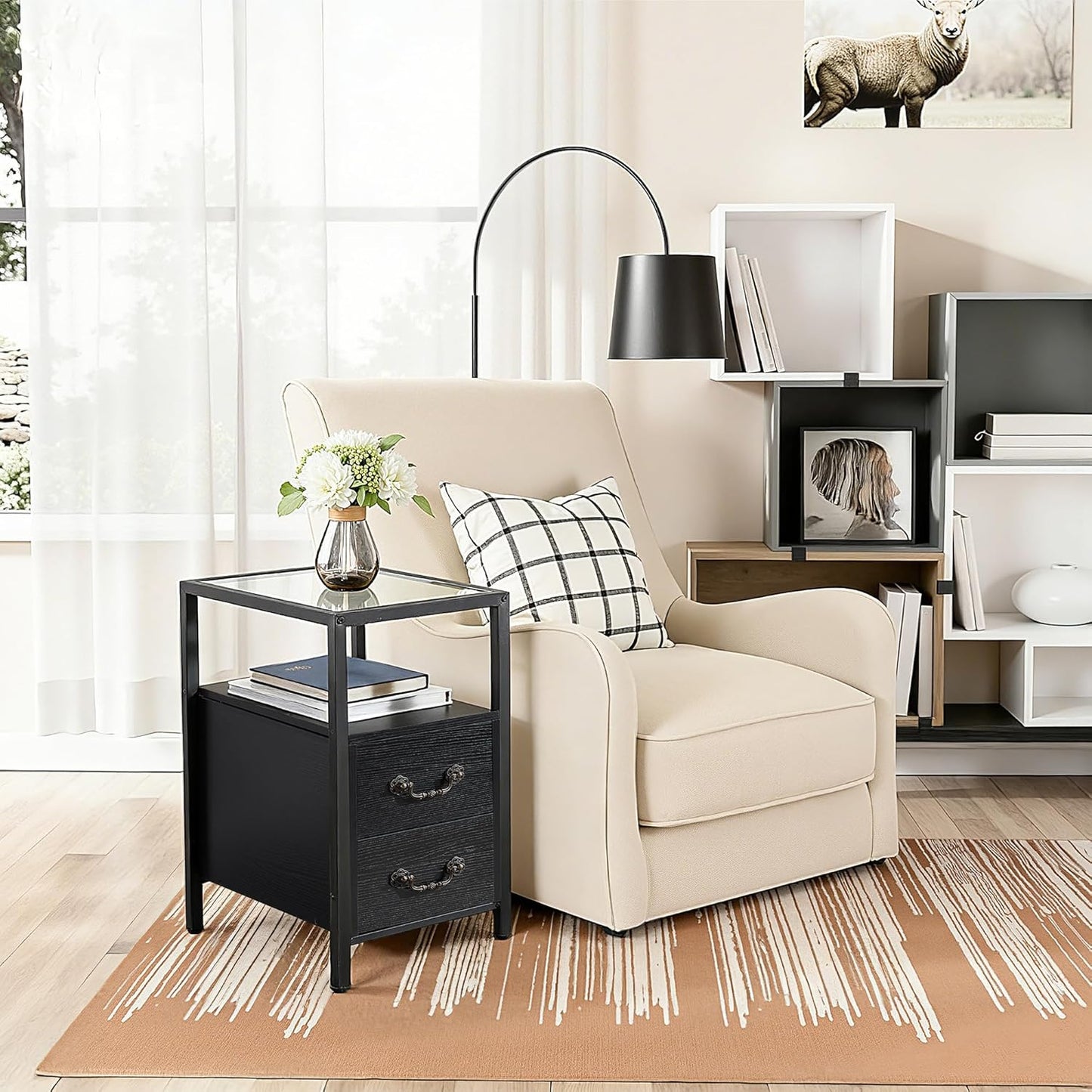 Narrow Side Table, Night Stand Sofa Table with Glass Top,Bedside End Tables with Storage Drawers,Wood Nightstand for Small Spaces Living Room Bedroom,Black