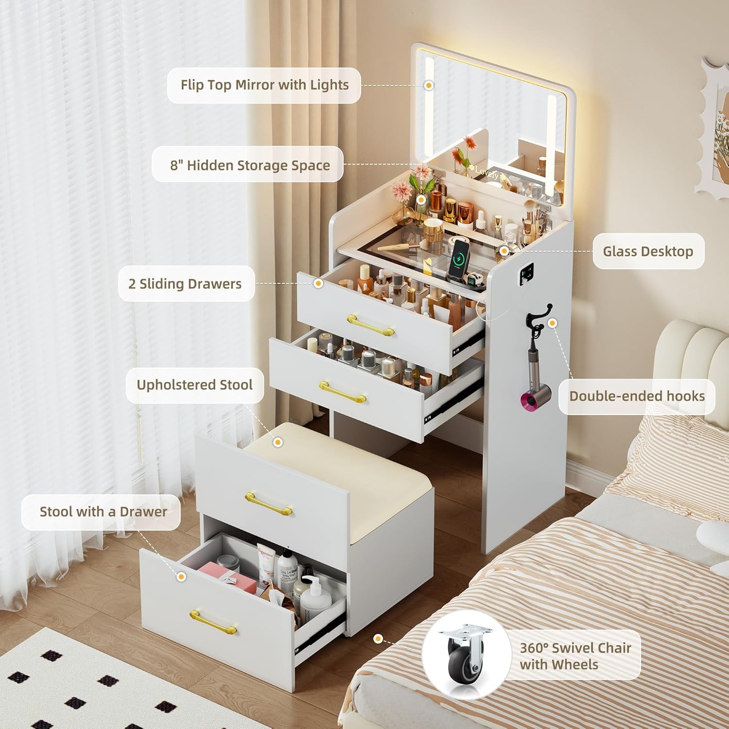 3 in 1 Vanity Desk with Flip Top Mirror and Lights,Glass Top Compact Vanity with 3 Drawers &Rolling Stool, Modern Small Makeup Vanity Table with Charging Station,Bedroom,White